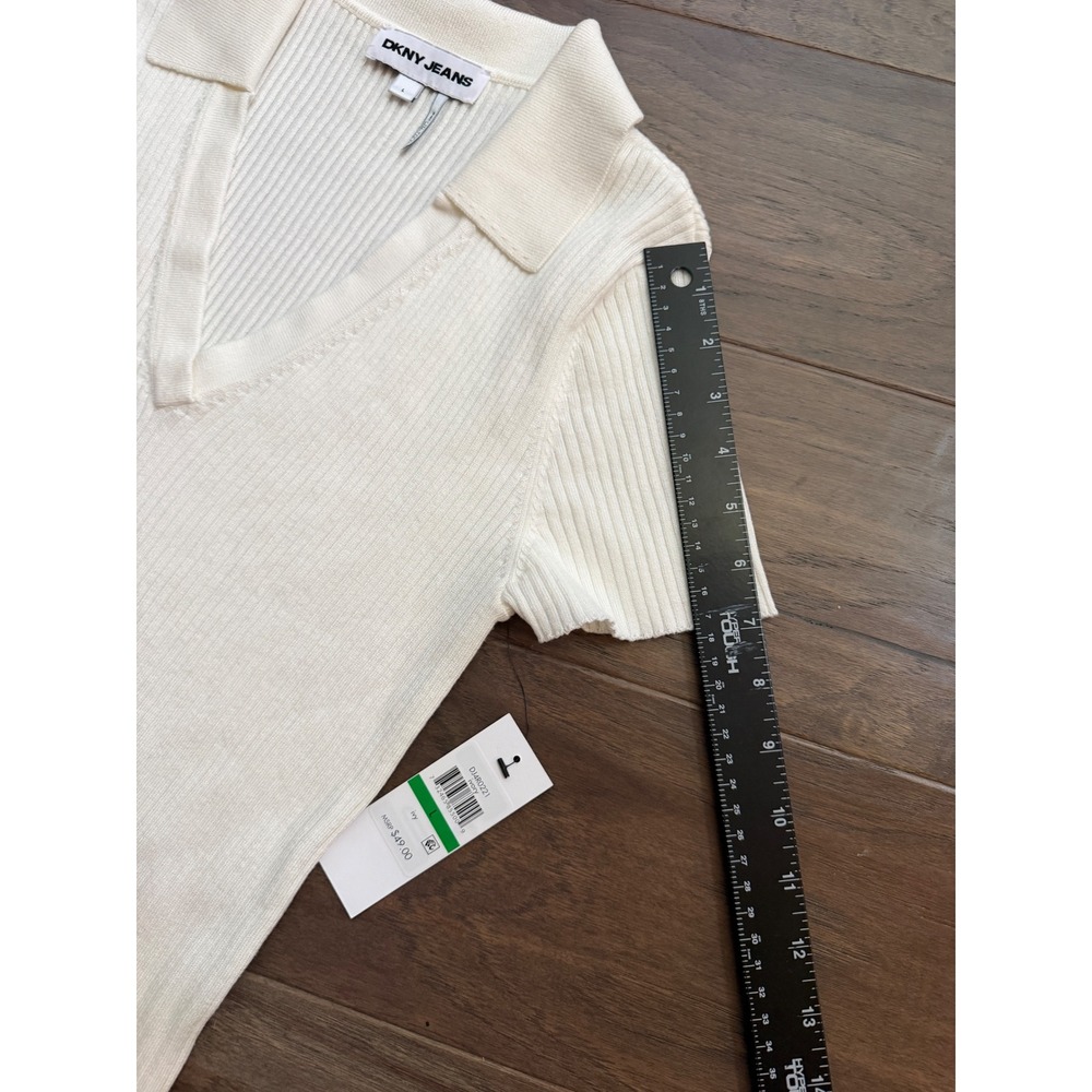 NWT DKNY Jeans Polo Sweater Womens‎ L Ivory Ribbed Knit Short Sleeve V-Neck - Picture 5 of 5